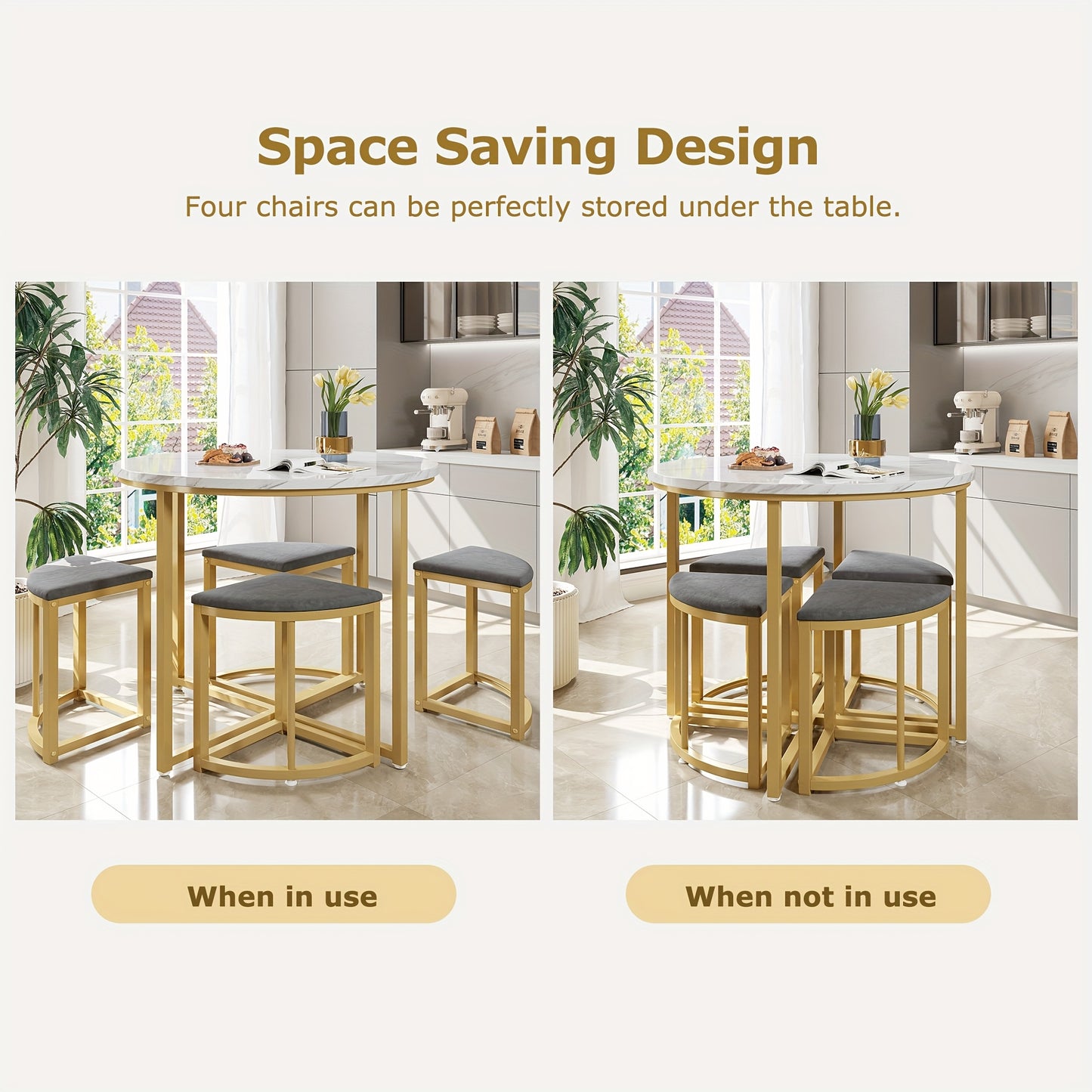 Eetkamerset – Eettafelset – Eettafel Met Stoelen – Dining Table Set – Velvet Stoelen – Compact Design – MDF Tafelblad Met Goudkleurig IJzerframe