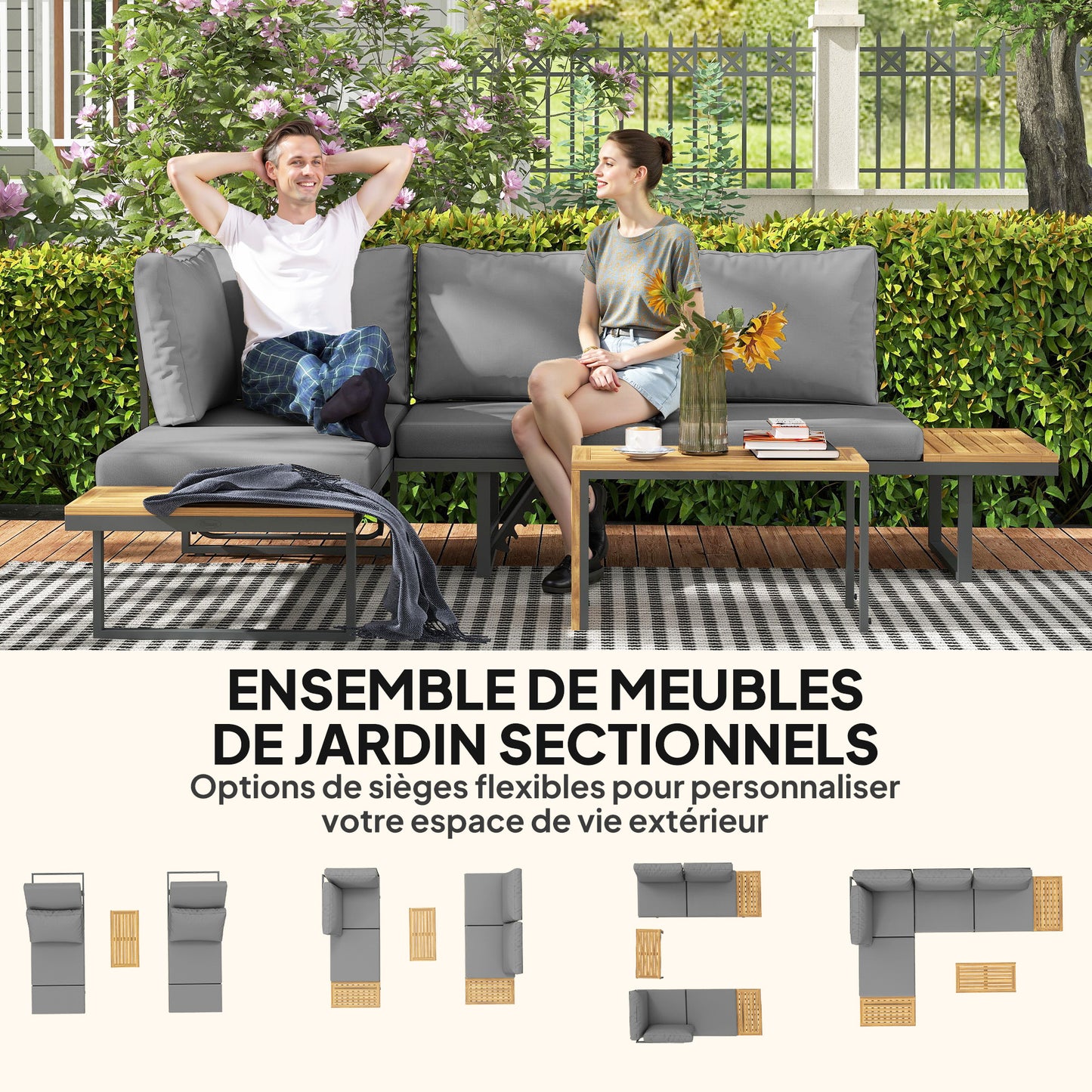 Loungeset – Tuinmeubelen – Buitenmeubilair – Hoekbank – Loungesofa – Acaciahout – 6-Delige Set – Verstelbare Rugleuningen – Grijze Kussens
