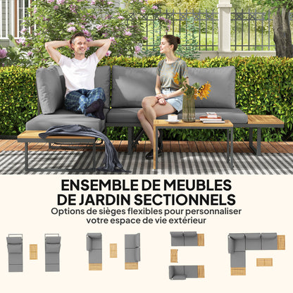 Loungeset – Tuinmeubelen – Buitenmeubilair – Hoekbank – Loungesofa – Acaciahout – 6-Delige Set – Verstelbare Rugleuningen – Grijze Kussens