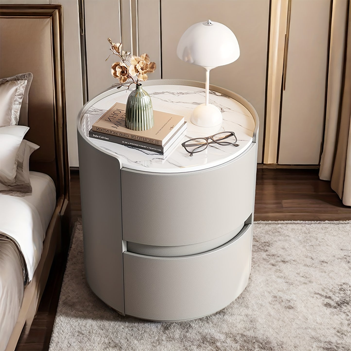 Ronde Nachtkast – Nachtkastje – Bedside Table – Bijzettafel – Nachtkastje Met Laden – Grijs – Massief Hout – Microvezel Leder Afwerking – Compacte Ruimtebesparende Opbergruimte