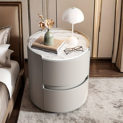 Ronde Nachtkast – Nachtkastje – Bedside Table – Bijzettafel – Nachtkastje Met Laden – Grijs – Massief Hout – Microvezel Leder Afwerking – Compacte Ruimtebesparende Opbergruimte