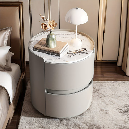 Ronde Nachtkast – Nachtkastje – Bedside Table – Bijzettafel – Nachtkastje Met Laden – Grijs – Massief Hout – Microvezel Leder Afwerking – Compacte Ruimtebesparende Opbergruimte