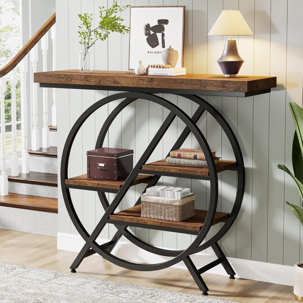 Industriële Sidetable – Haltafel – Wandtafel – Opbergtafel – Bijzettafel – Rustiek Bruin – Geometrisch Metalen Frame – 4 Niveaus Met Stevig 4cm Tafelblad