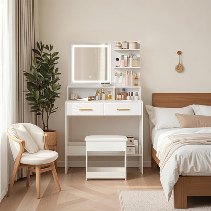 Kaptafel – Make-up Tafel – Dressing Table – Cosmeticatafel – Opmaaktafel – Verstelbare LED Verlichting – USB- & Stopcontacten – Wit – Met Kruk – 2 Lades – Open Planken – 140x80x40 cm – Houtvezelplaat
