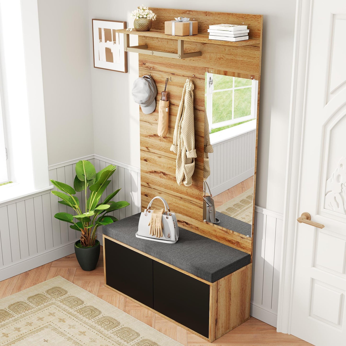 BTM Compact Wardrobe / Hallway Furniture Set with Mirror, Bench, Shoe Cabinet, Hooks, and Shelf in Wood Look, Space-Saving Wardrobe for Hallway & Entryway, 100×38×190 cm
