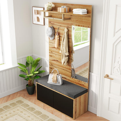 BTM Compact Wardrobe / Hallway Furniture Set with Mirror, Bench, Shoe Cabinet, Hooks, and Shelf in Wood Look, Space-Saving Wardrobe for Hallway & Entryway, 100×38×190 cm