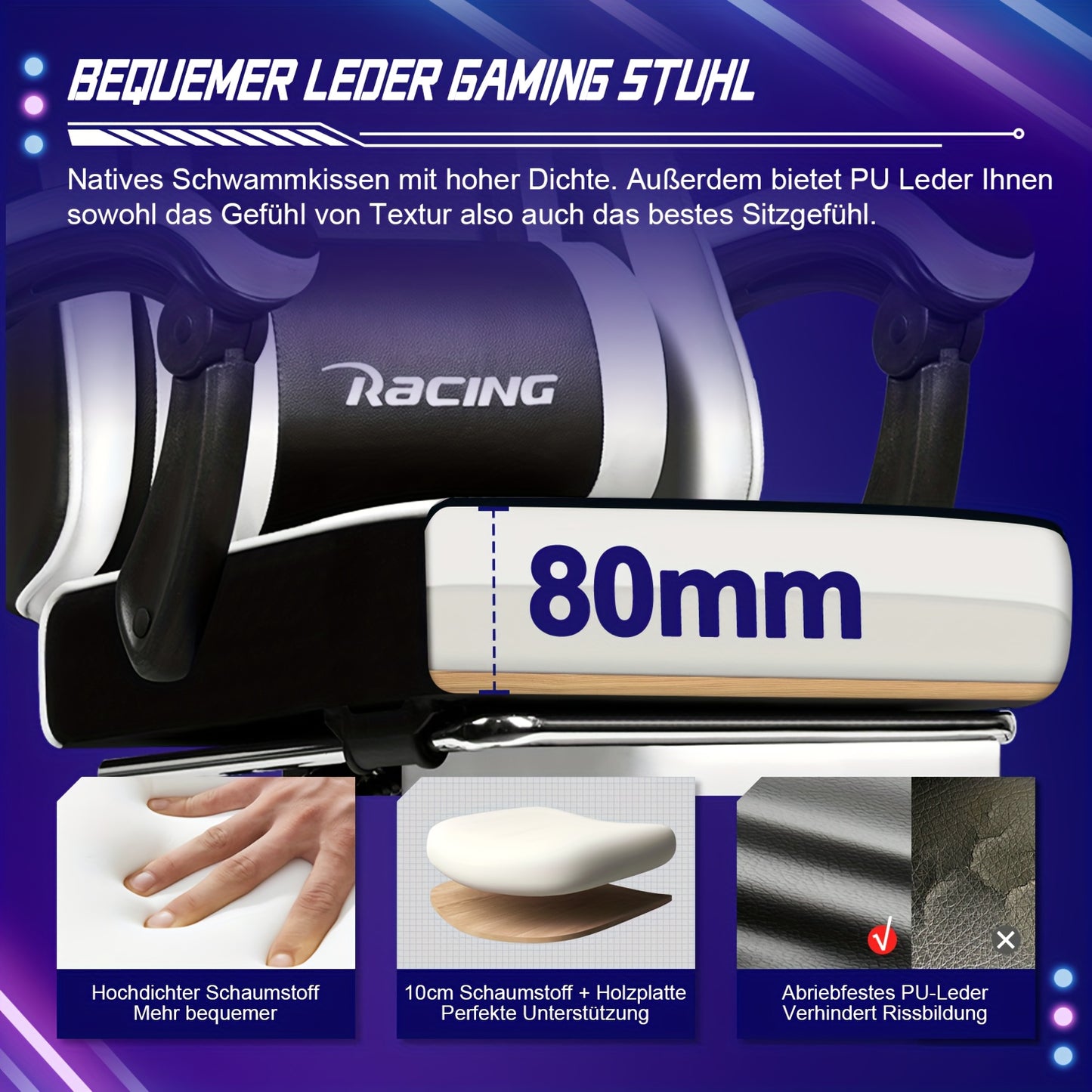 Gaming Chair with Footrest, Ergonomic Gaming Chair, Gaming Armchair with Adjustable Lumbar Cushion, Head Cushion, Height-adjustable And Swivel, PC Chair, Gaming Chair 200kg