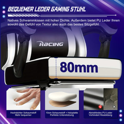 Gaming Chair with Footrest, Ergonomic Gaming Chair, Gaming Armchair with Adjustable Lumbar Cushion, Head Cushion, Height-adjustable And Swivel, PC Chair, Gaming Chair 200kg