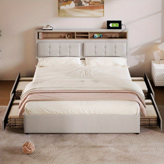 Bedkast – Tweepersoonsbed – Nachtkastje – Opbergbed – Slaapkamerkast – Verstelbaar Stoffen Hoofdbord – 4 Ruime Lades – 160x200 cm – Zonder Matras