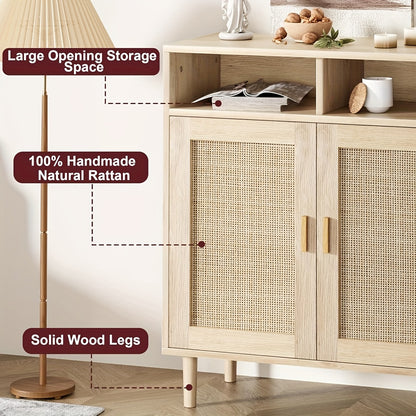 Rattan Sideboard – Buffetkast – Dressoir – Keukenkast – Opbergkast – Massief Hout & MDF – 3,2+ Kubieke Voet Opbergruimte – Freestanding 68,58 cm Hoog