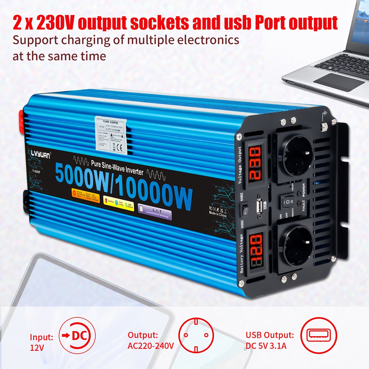 Power Inverter 5000W – Omvormer – Spanningsomvormer – DC naar AC Converter – Zuivere Sinus Inverter 12V – 4 AC Uitgangen & USB – LED Display – 10000W Piekvermogen