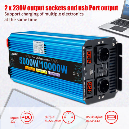 Power Inverter 5000W – Omvormer – Spanningsomvormer – DC naar AC Converter – Zuivere Sinus Inverter 12V – 4 AC Uitgangen & USB – LED Display – 10000W Piekvermogen