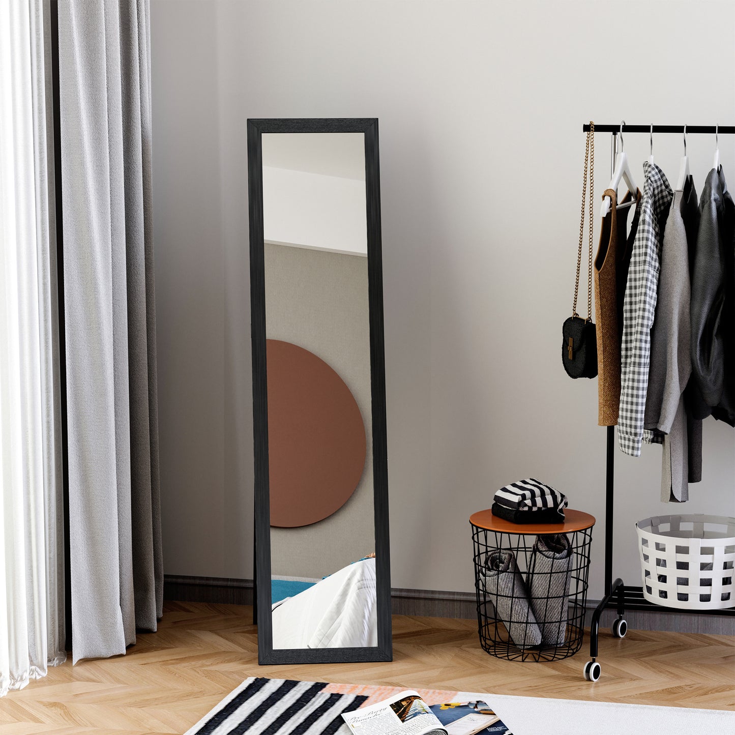 Full-Length Spiegel – Staande Spiegel – Wandspiegel – Kleerhangspiegel – Passpiegel – Zwart MDF-Frame – 154 cm Hoog – Vrijstaand & Wandmontage