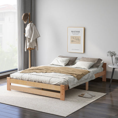 Massief Houten Bedframe – Futon Bed – Platformbed – Slaapbank – Boxspringframe – Met Hoofdbord – Met Lattenbodem – Naturel Afwerking – 200x140 cm Queen Size – Scandinavisch Minimalistisch Design