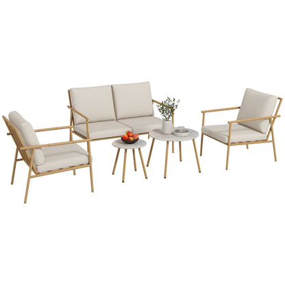 Tuinset – Tuinmeubelset – Loungeset – Balkonset – 5-delige Tuinmeubelset – Crèmekleurig – Gepoedercoat Stalen Frame – Marmerlook Tafelbladen