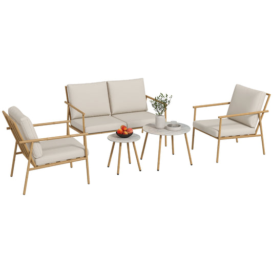 Tuinset – Tuinmeubelset – Loungeset – Balkonset – 5-delige Tuinmeubelset – Crèmekleurig – Gepoedercoat Stalen Frame – Marmerlook Tafelbladen