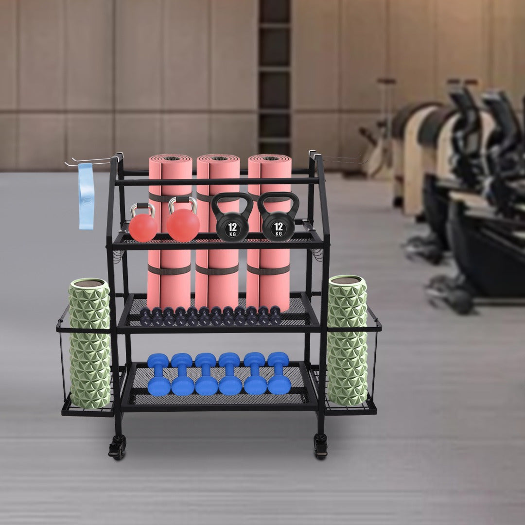 Goodslinesshop Ciounmb Gym Storage Rack Dumbbell Rack Multifunctional Dumbbell Stand Yoga Mat Shelf for Kettlebell, Dumbbells, Yoga Block, with Hooks and Lockable Wheels, Load Capacity 136kg [High-Quality Shop Now!], Fitness