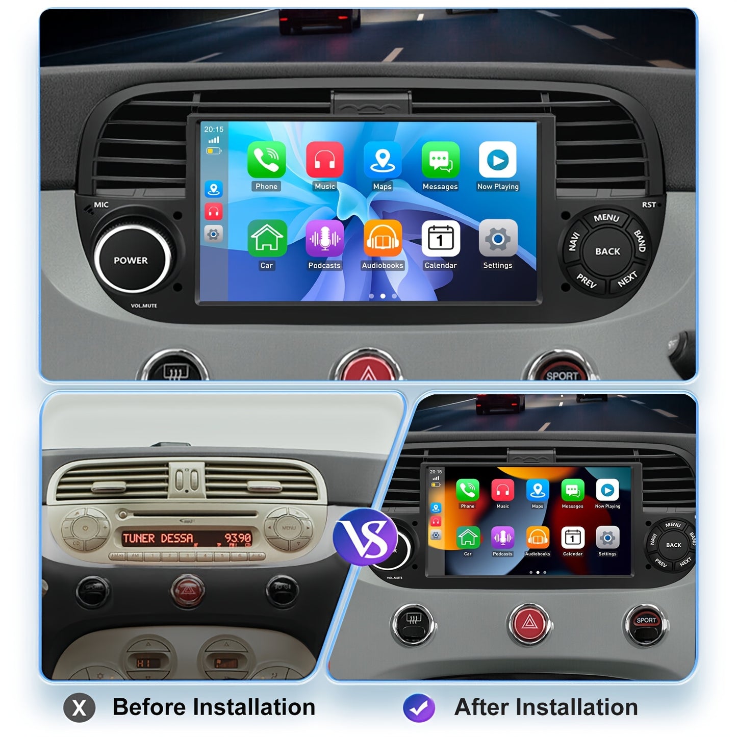 Multimedia Autoradio – 2 DIN Radio – Auto Stereo – Touchscreen Navigatie – Fiat 500 Autoradio 2007-2015 – 7-Inch HD Scherm – Android 14 Systeem