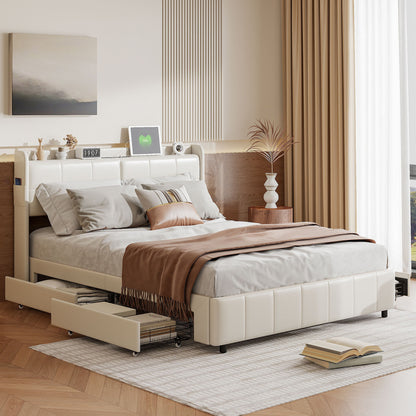 Bed 140x200 cm – Tweepersoonsbed – Opbergbed – Boxspringbed – Slaapbed – Beige Velvet Bekleding – 4 Opbergladen – Stevig MDF Frame – Gewichtscapaciteit 300 kg