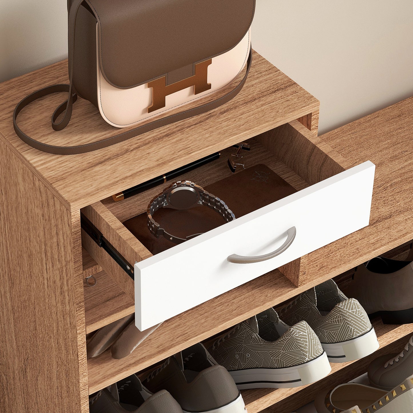 Halmeubel 3-in-1 – Kapstok – Schoenenkast – Spiegel – Opbergmeubel – Walnoot en Wit – 6 Haken – Verstelbare Plank
