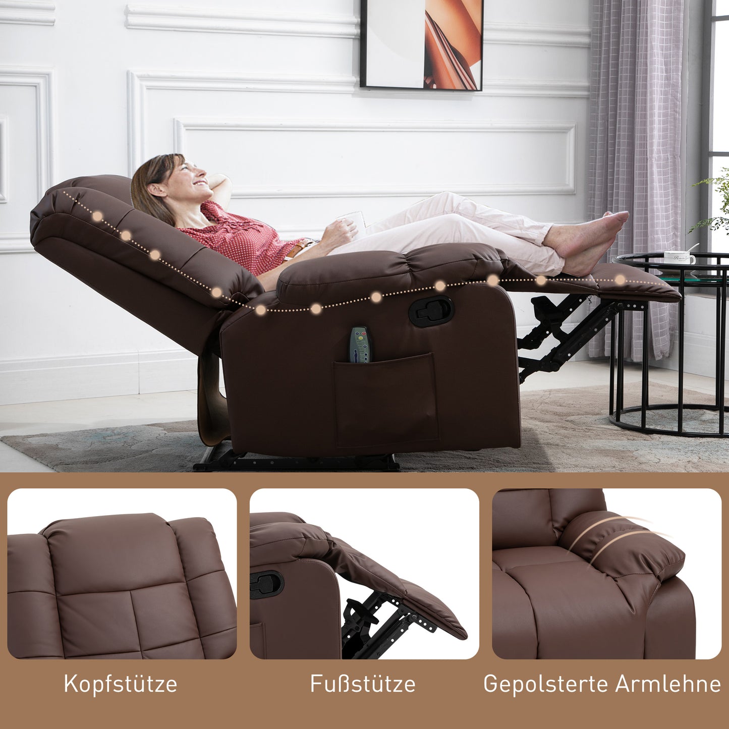 Massagestoel – Relaxstoel – Massagefauteuil – Wellnessstoel – Bruine Kunstleren Massagestoel – Compact Formaat 94x99x99 cm – Met Afstandsbediening