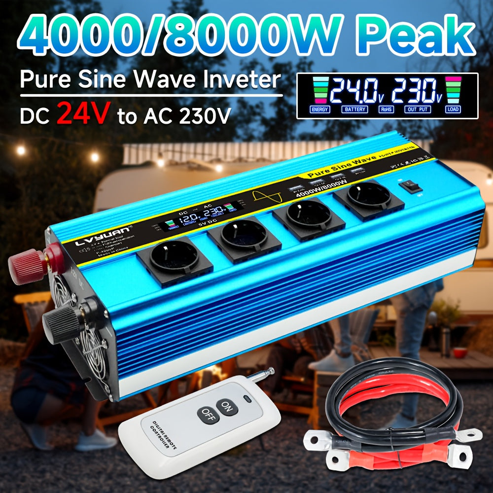Zuivere Sinusomvormer – Power Inverter – Spanningsomzetter – Stroomomvormer – Omvormer 24V 8000W Pieken – LCD Display – Afstandsbediening – 4 AC Stopcontacten – 4 USB Poorten