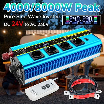 Zuivere Sinusomvormer – Power Inverter – Spanningsomzetter – Stroomomvormer – Omvormer 24V 8000W Pieken – LCD Display – Afstandsbediening – 4 AC Stopcontacten – 4 USB Poorten