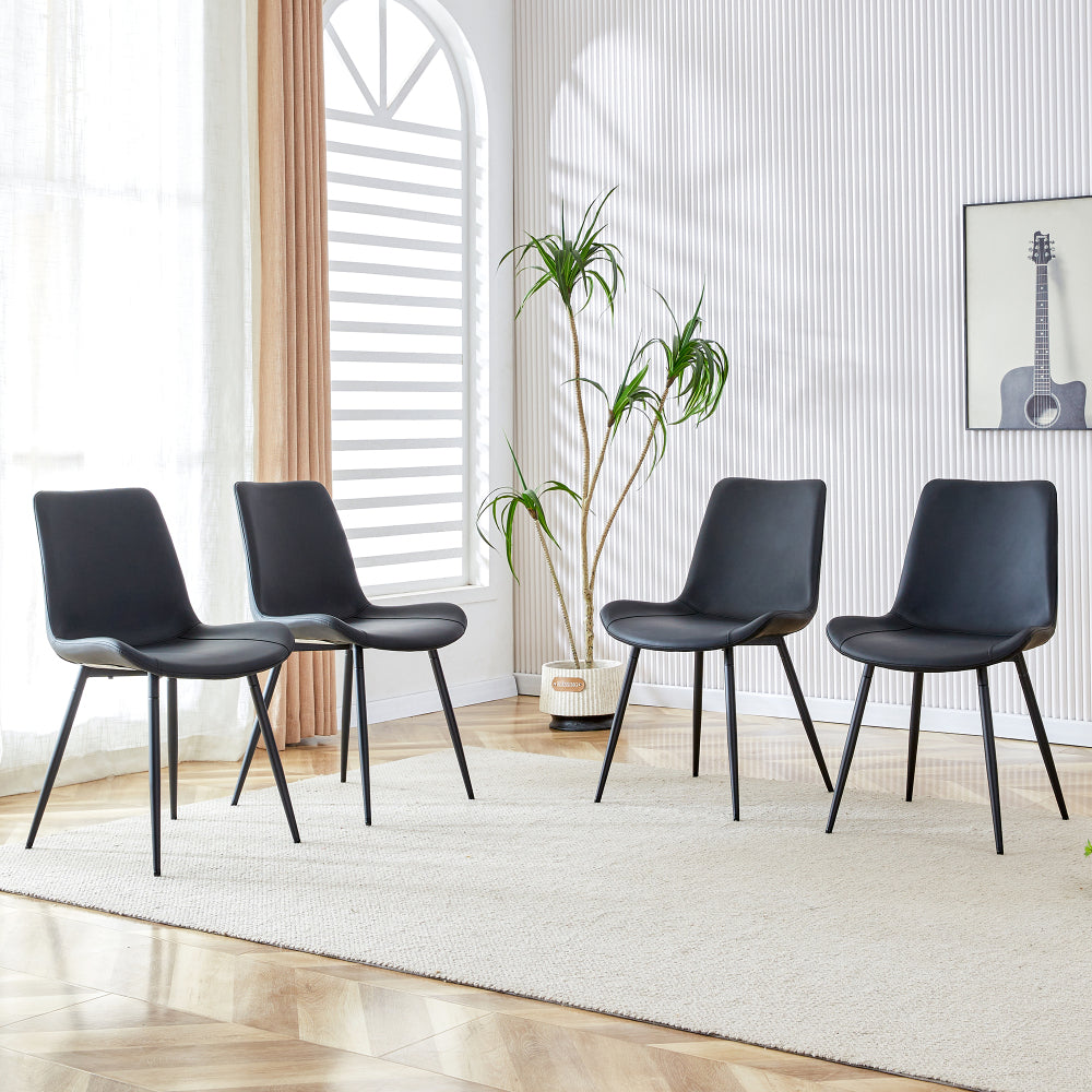A four-piece modern dining set featuring black upholstery and a metal frame, with generously proportioned seats and backrests. Ideal for dining rooms, home offices and various living areas.