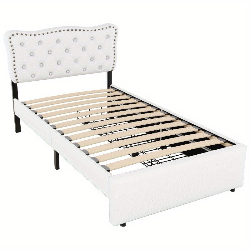 Gepolsterd Bed – Eénpersoonsbed – Slaapbed – Bedframe – Boxspring – Lichtbeige – 90x200 cm – Decoratieve Nagels – Dubbele Lade-opslag