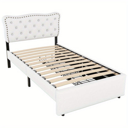 Gepolsterd Bed – Eénpersoonsbed – Slaapbed – Bedframe – Boxspring – Lichtbeige – 90x200 cm – Decoratieve Nagels – Dubbele Lade-opslag