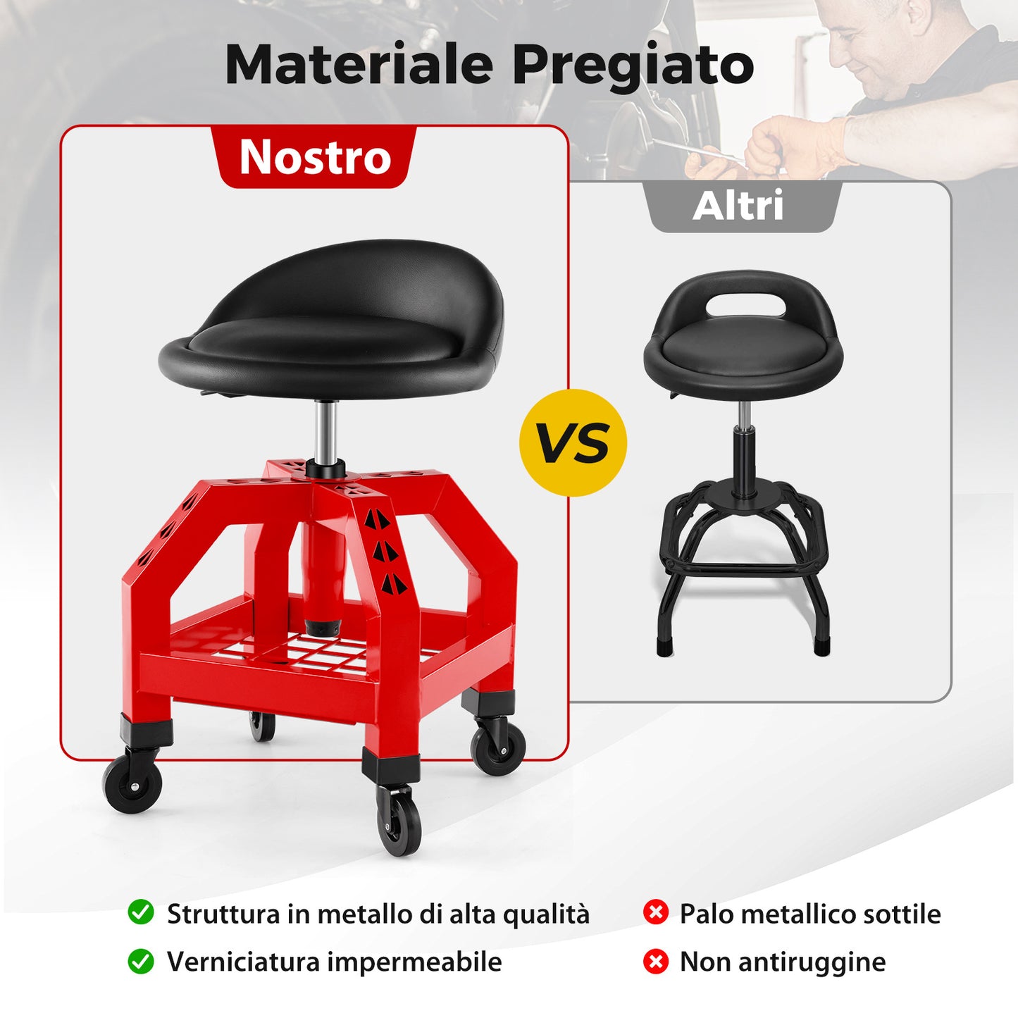 Mechaniekerskruk – Werkkruk – Monteurskruk – Werkstoel – Werkbankkruk – Verstelbare Hoogte – 360° Draaibare Zitting – Met Wieltjes – Met Metalen Frame – Draagkracht 150 kg – Rood