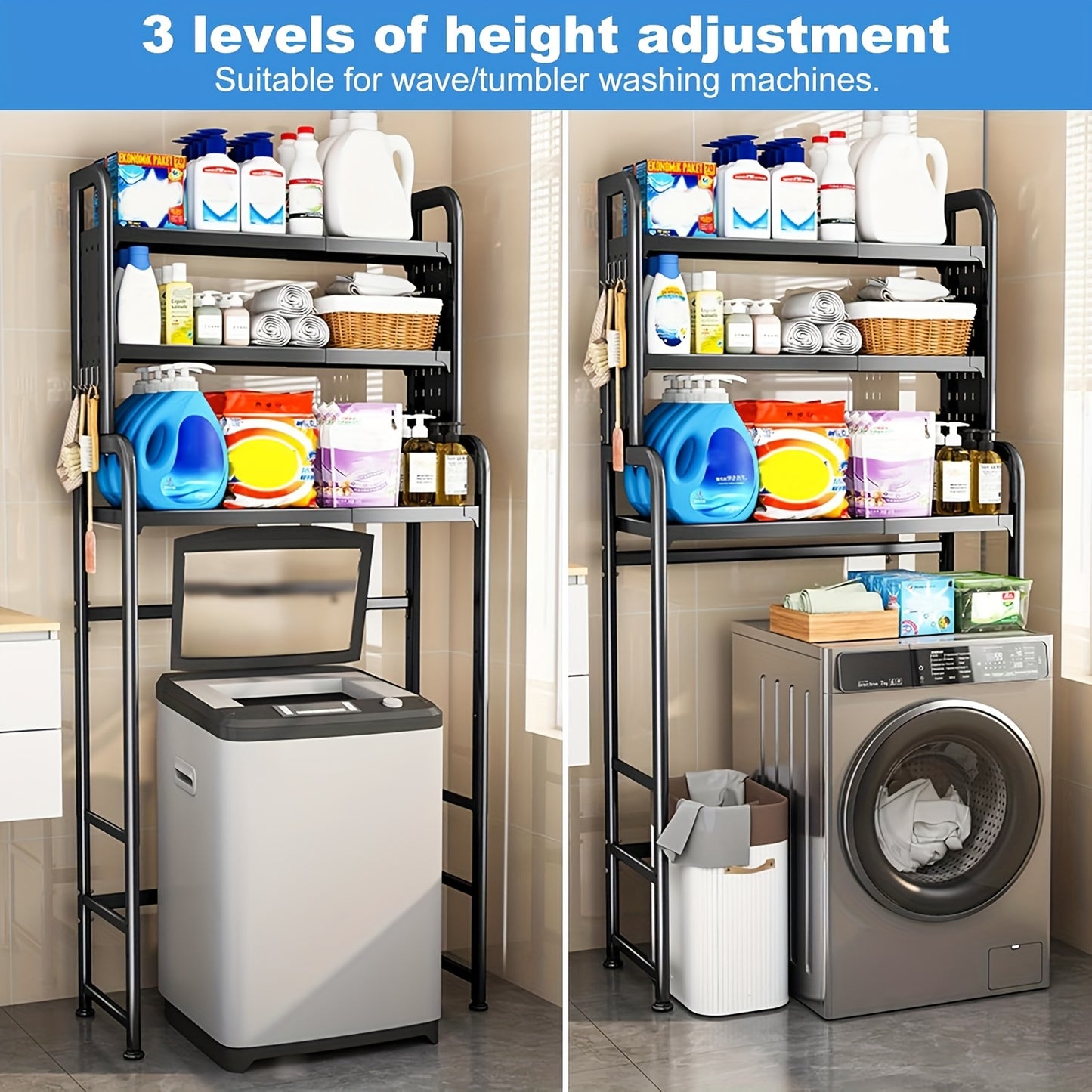 Opbergrek Wasruimte – Wasmachine Rek – Opslagrek – Badkamerrek – Stelling – Verstelbaar 155-185 cm – Metalen Staal – Antislipvoeten – 3 Planken – Wit