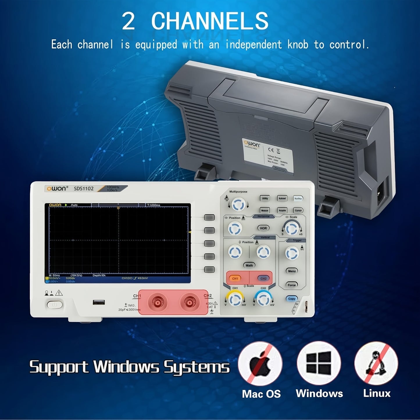 Digitale Oscilloscoop SDS1102 – Oscilloscoop – Signaal Analyzer – Meetinstrument – Elektronische Tester – 7" LCD Scherm – 100MHz Bandbreedte