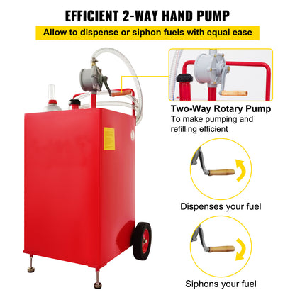 Brandstoftank – Brandstofcontainer – Jerrycan – Benzinetank – Tankwagen – 30 Gallon Inhoud – Roestvrij Staal Met Handpomp en 8 Inch Wielen