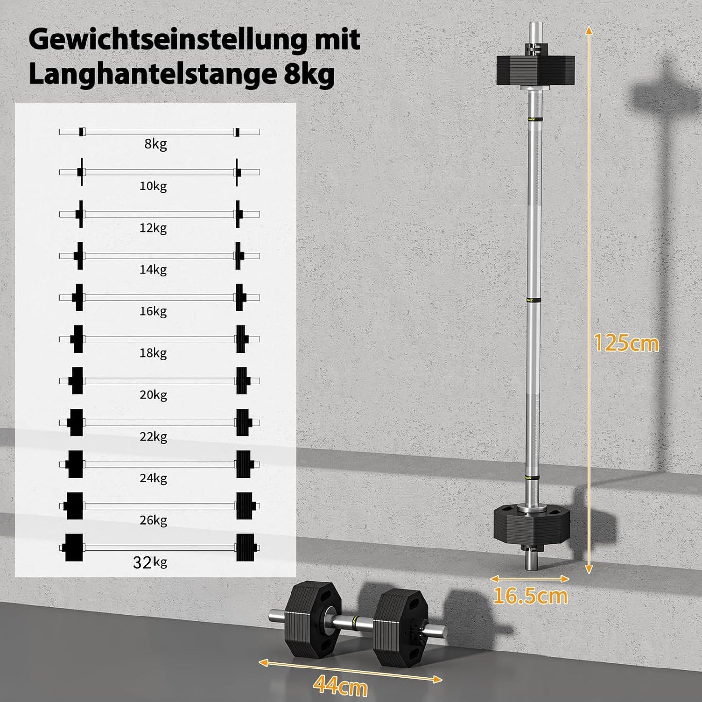 Verstelbare Halterset – Dumbbell Set – Krachttraining Gewichten – Curlstang – Rechte Stang – 32 kg Totaalgewicht – Robuust Stalen Design