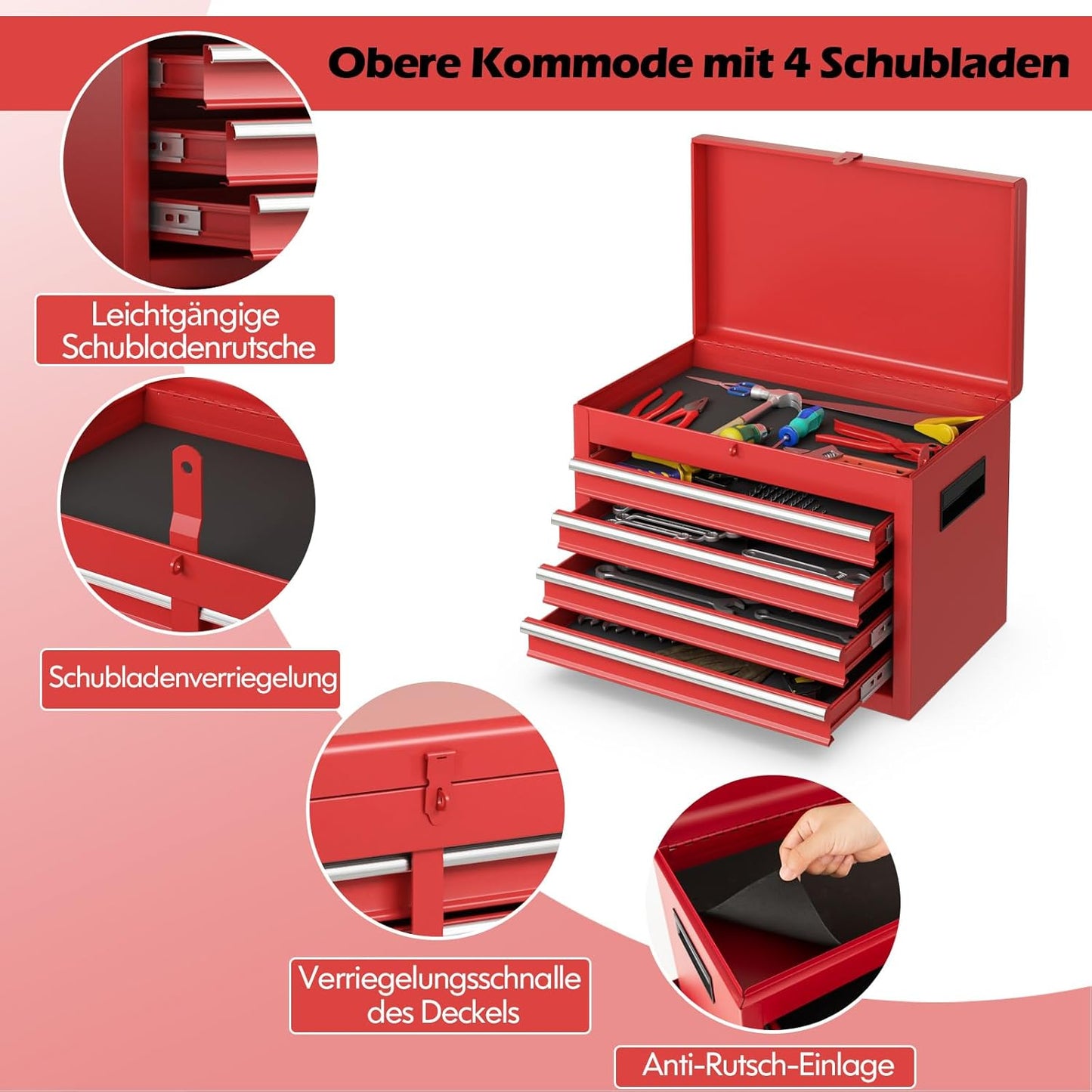 Werkplaatswagen – Gereedschapswagen – Opbergwagen – Toolcart – Werkplaatskast – 2-in-1 Afneembare Bovenkast – Verstelbare Schappen – Metalen Constructie – 100 kg Belastbaar – Mobiel Met 4 Zwenkwielen – Rood – 59x28x102 cm
