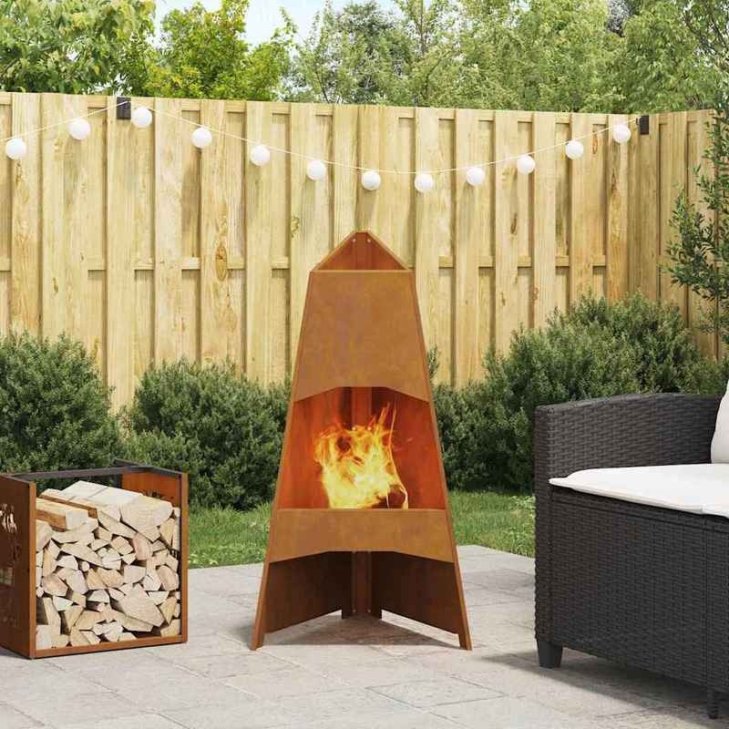 Grote Buitenhaard – Terrashaard – Vuurschaal – Tuinhaard – Buitenkachel – Metalen Verticale Tapered Stove – Bruine Poedercoating Houtlook – 50x50x95 cm – Robuust & Weerbestendig