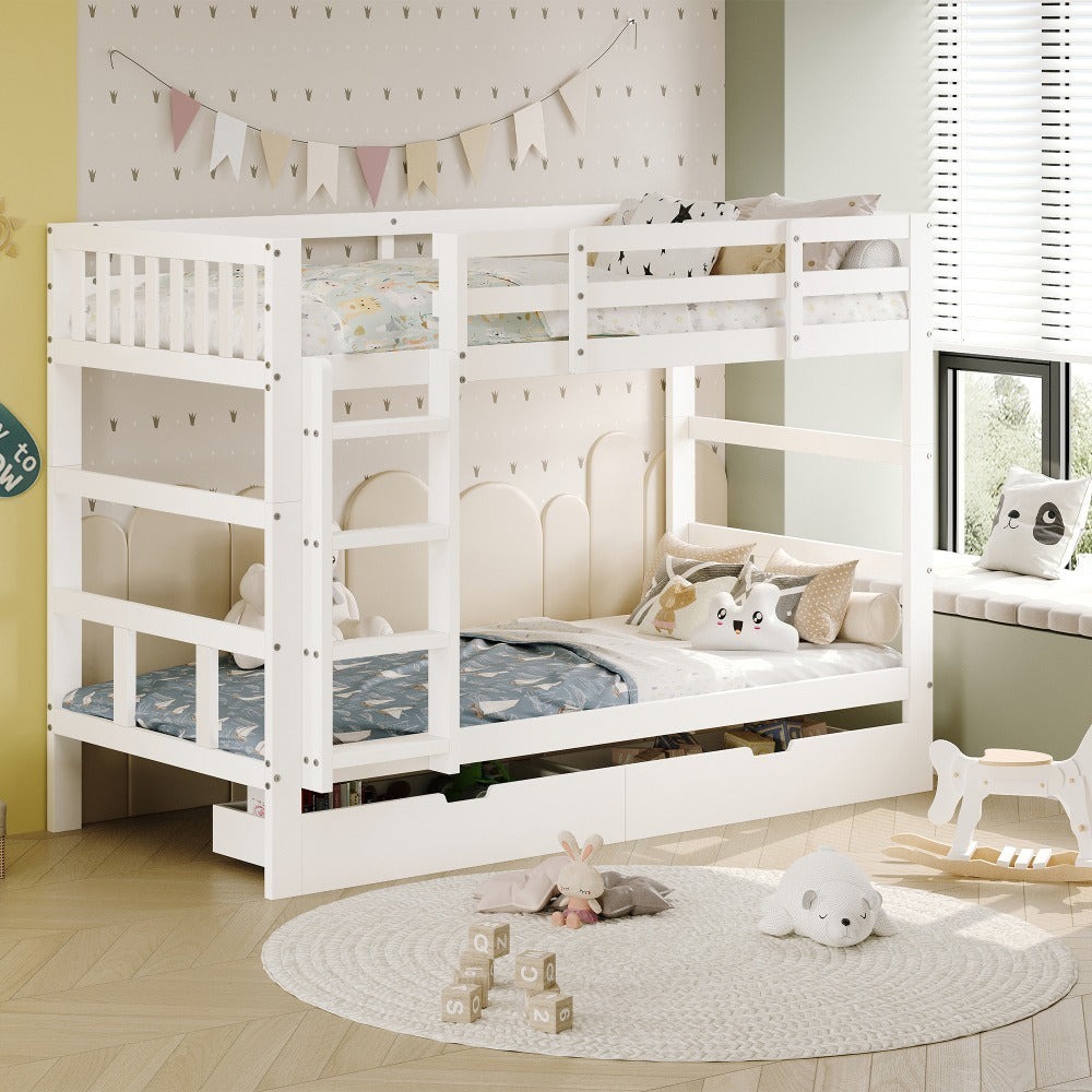 Stapelbed – Hoogslaper – Kinderbed – Lits-jumeaux – Kinderstapelbed – Massief Hout – Met Opbergruimte – 90x200 cm – Veiligheidshek – Wit