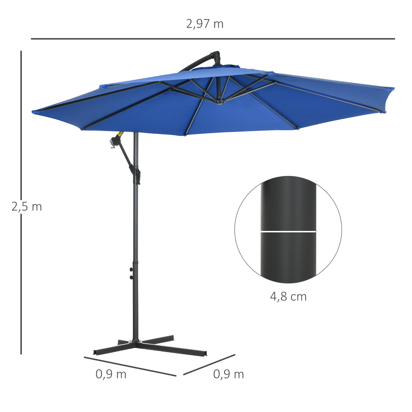 Parasol – Zweefparasol – Tuinparasol – Balkonparasol – Terrasparasol – Kantelbaar – Ø 3 Meter – Staal Frame – Blauw Polyester