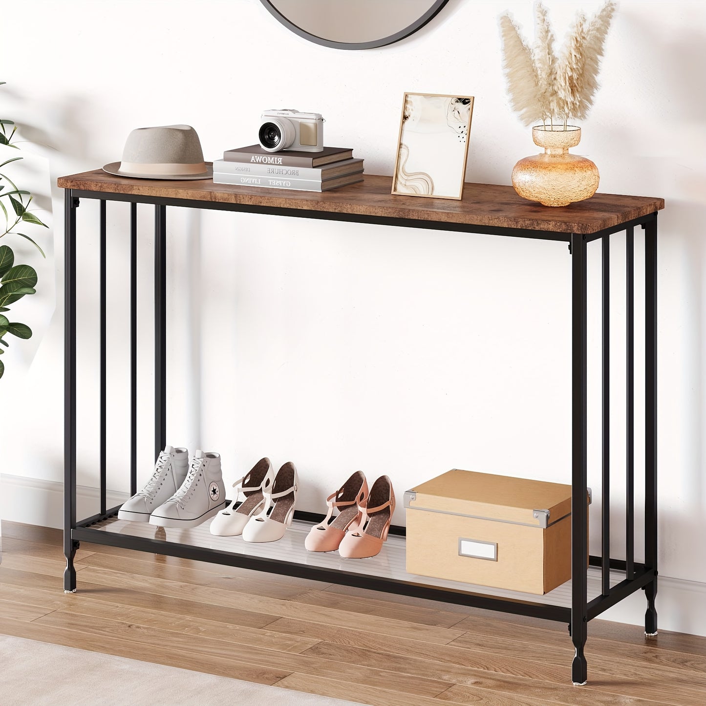 Smalle Sidetable – Smalle Tafel – Console Tafel – Haltafel – Banktafel – Rustiek Bruin – Ruimtebesparend Ontwerp – Stevig Metaal Met Glasplaat