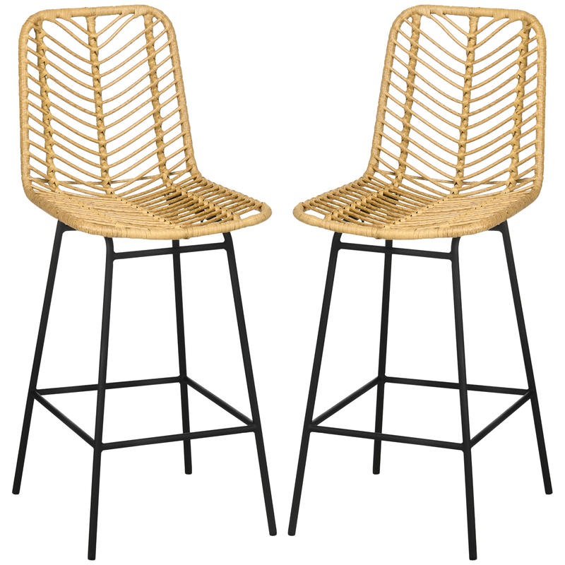 2Er Set Barhocker Mit Lehne Barstühle Im Boho-Design, Pe-Rattan, Inkl. Fußtstütze, 42.5 Cm X 52 Cm X 102 Cm, Gelb + Schwarz