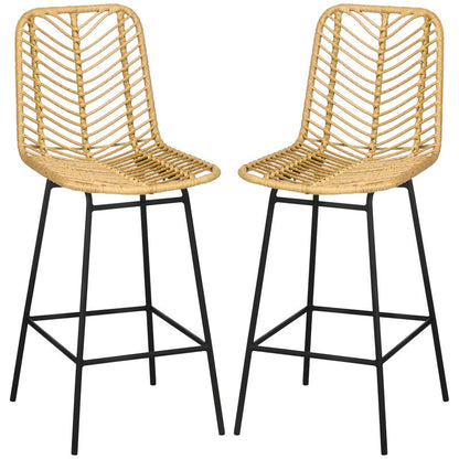 2Er Set Barhocker Mit Lehne Barstühle Im Boho-Design, Pe-Rattan, Inkl. Fußtstütze, 42.5 Cm X 52 Cm X 102 Cm, Gelb + Schwarz