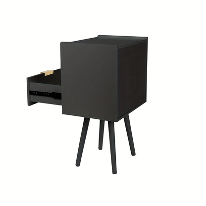 1pc Nightstand With Drawer & Open Shelf, Boho Bedside Table, Multi-Functional End Table, Mit Wooden Leg, For Bedroom & Living Room, Accent Table With Storage 42x30x65cm Black