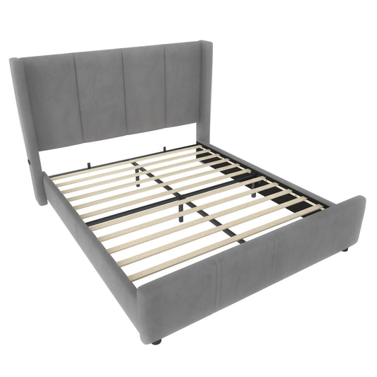 Tweepersoonsbed – Dubbelbed – Bedframe – Slaapbed – Logeerbed – Inclusief Matras – 140x200 cm – Hout en Staal – Hoog Hoofdbord – Grijs-Wit – Modern Design