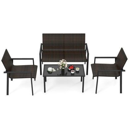 Polyrattan Tuinmeubelset – Tuinset – Loungeset – Balkonset – Terrasmeubelen – 4-Delig Met 2 Stoelen, Bank & Tafel – Weerbestendig Metaalframe – Gehard Glas Blad – Bruin