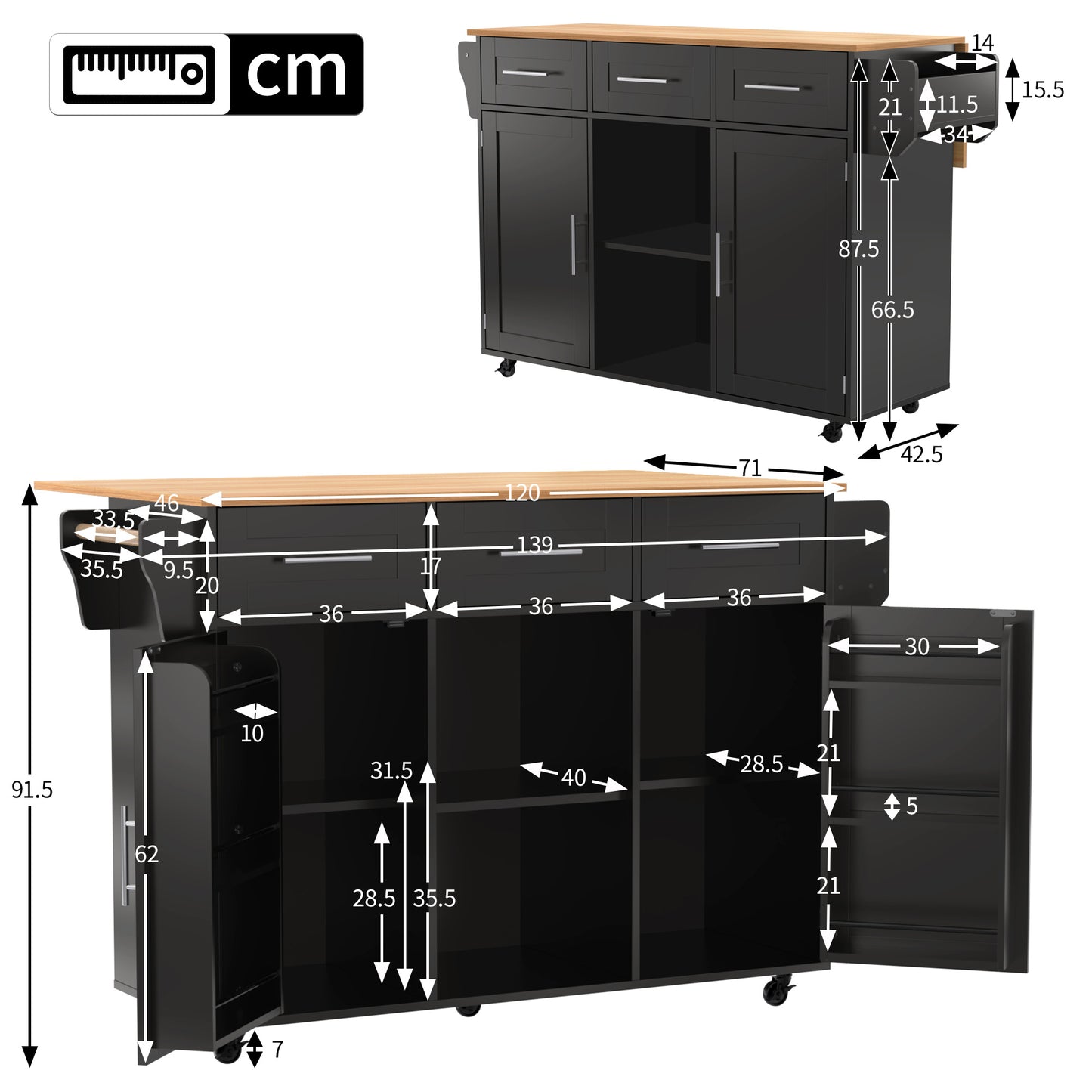 Keukenwagen – Keukentrolley – Servierwagen – Keukenkar – Rolkast – Uitklapbaar Werkblad – Houtlook Blad – 139x46(71)x91,5 cm – Met Laden en Verstelbare Planken – Mobiel en Vast Plaatsbaar – Zwart Met Houten Poten