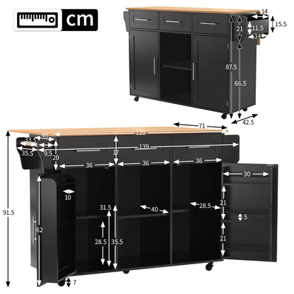 Keukenwagen – Keukentrolley – Servierwagen – Keukenkar – Rolkast – Uitklapbaar Werkblad – Houtlook Blad – 139x46(71)x91,5 cm – Met Laden en Verstelbare Planken – Mobiel en Vast Plaatsbaar – Zwart Met Houten Poten