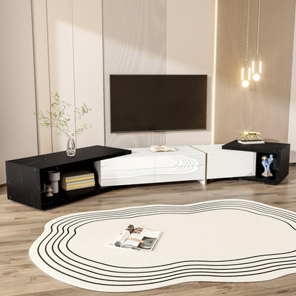 TV-meubel – TV-kast – Media Meubel – TV-standaard – Tv-dressoir – Verstelbare Lengte 140-260 cm – Draaifunctie – Mat Wit Hoogglans Met Zwart Marmerlook en Gouden Accenten