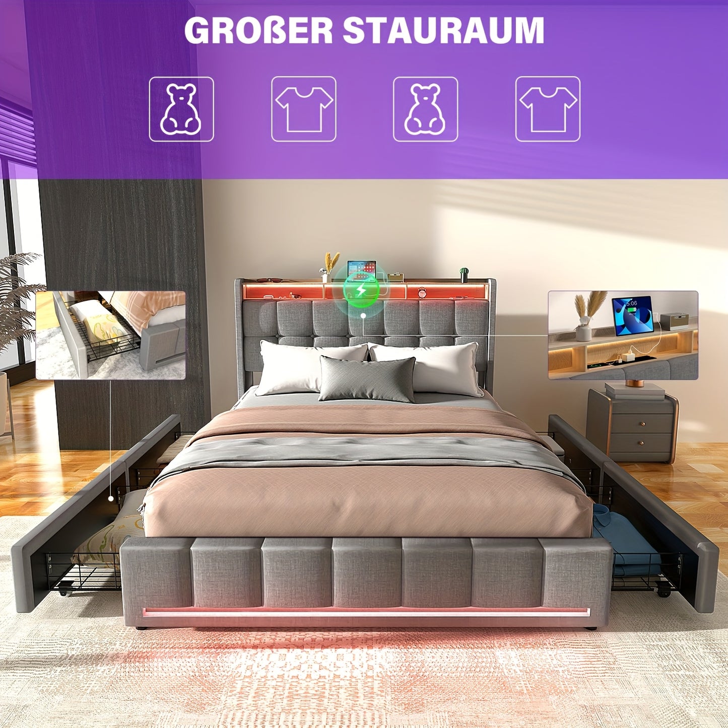 Modern RGB LED Smart Tweepersoonsbed 160x200 cm – 4 Lade-opslag & RGBW Kleurveranderend Hoofdeinde – Stevig MDF/Metaal, Plug-and-Play Montage