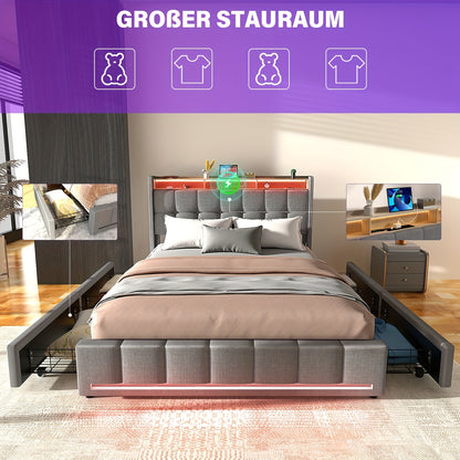 Modern RGB LED Smart Tweepersoonsbed 160x200 cm – 4 Lade-opslag & RGBW Kleurveranderend Hoofdeinde – Stevig MDF/Metaal, Plug-and-Play Montage